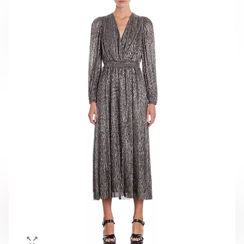 The Kooples Metallic Silver Pleated Midi Dress